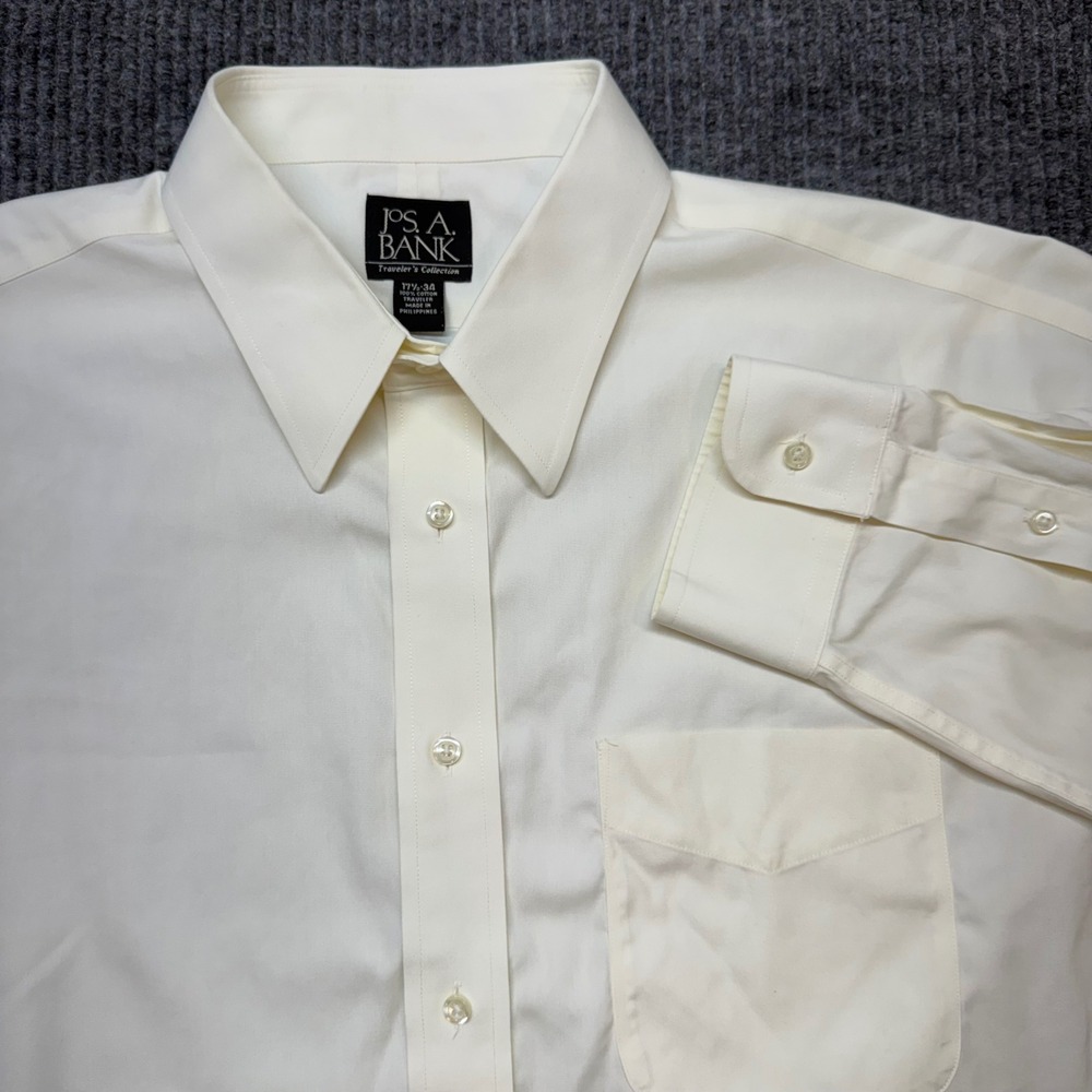 Jos A Bank Traveler Mens 17.5 34 Cream Cotton Long Sleeve Dress Shirt